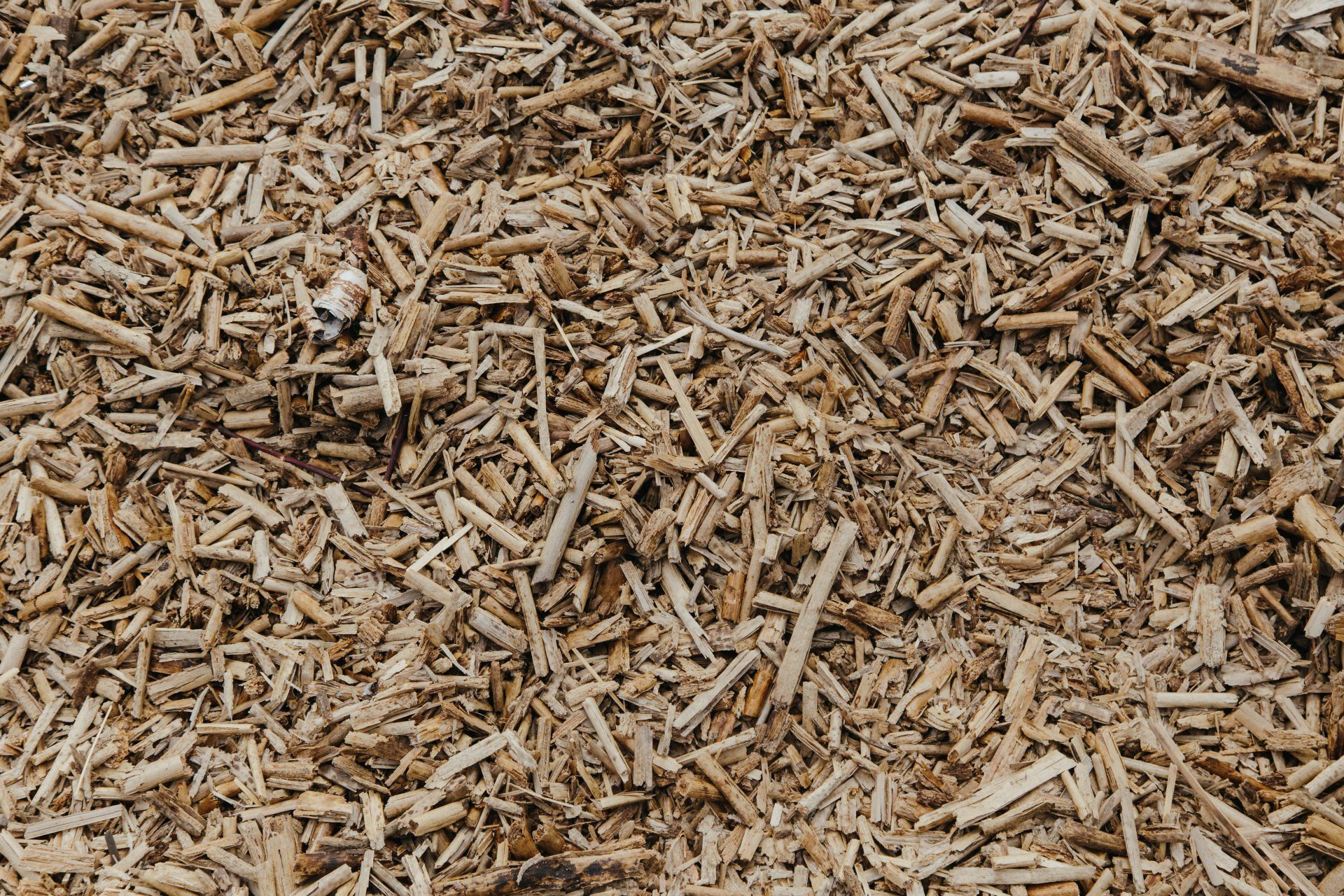 A pile of wood chips is sitting on the ground.